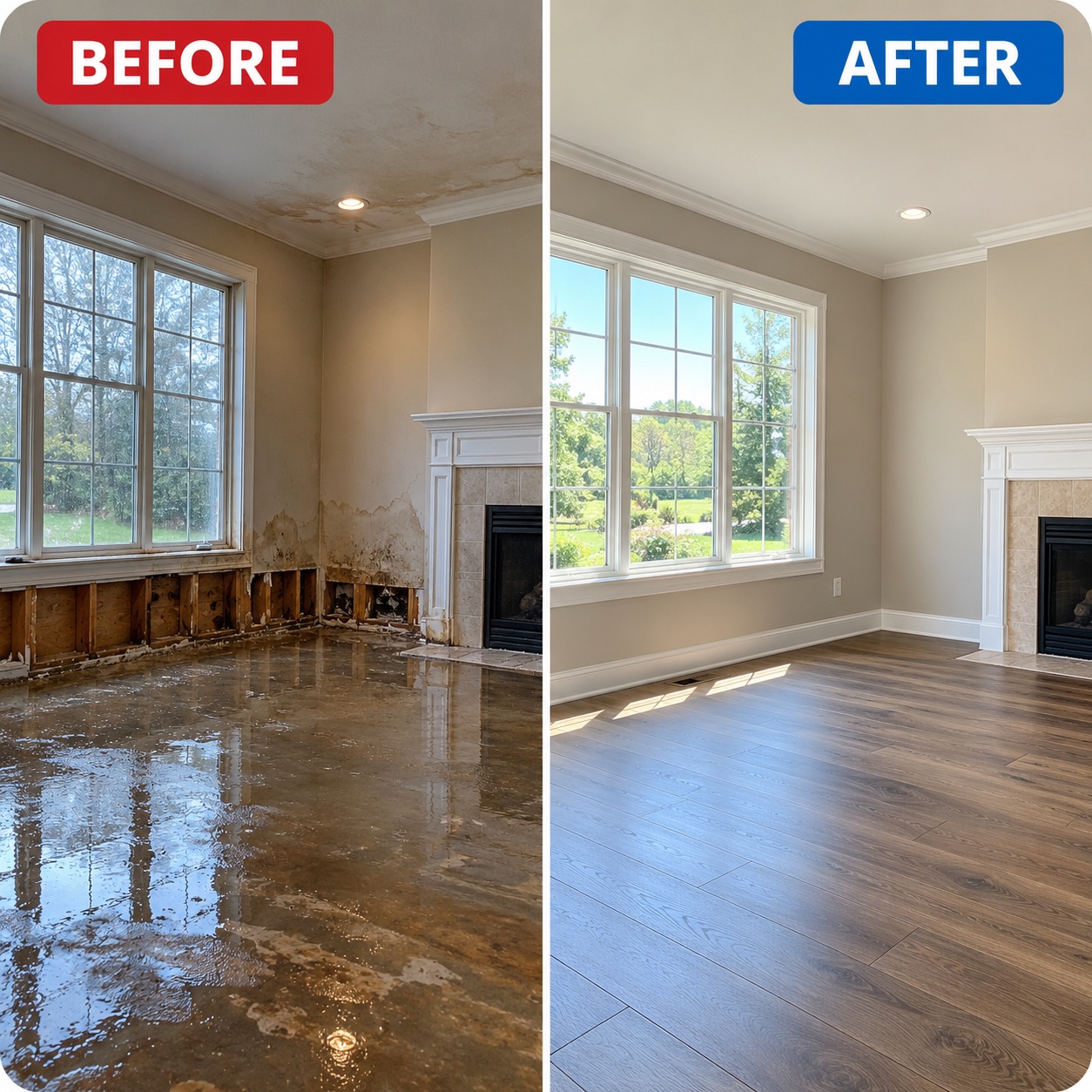 Water damage restoration before-and-after example